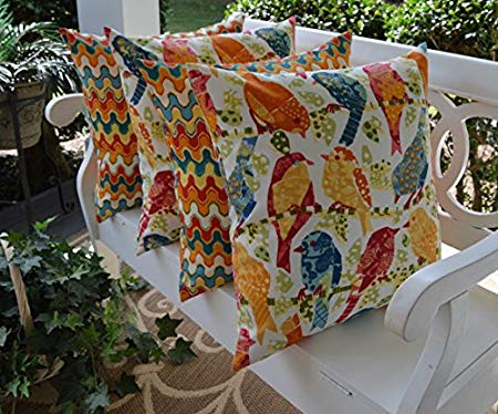 Set of 4 Indoor / Outdoor 20" Square Throw Pillows ~ Orange Blue Yellow Green Ash Hill Garden Birds & Matching Geometric Flame 20" Pillows