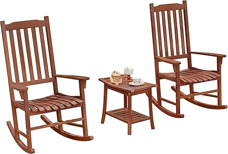 PrimeZone 3 Pieces Outdoor Rocking Chair Set with Side Table - Heavy Duty FSC Certified Acacia Wood Patio Conversation Chairs, High Back Weather Resistant Wooden Rocker for Porch, Backyard, Brown