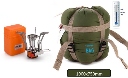 Tooge Lightweight Portable Sleeping Bag and Mini Foldable Camp Stoves for Backpacking, Camping, Hiking and Picnic-Envelope Sleeping Bags with Compression Bag and Ultrafoldable Camp Stove