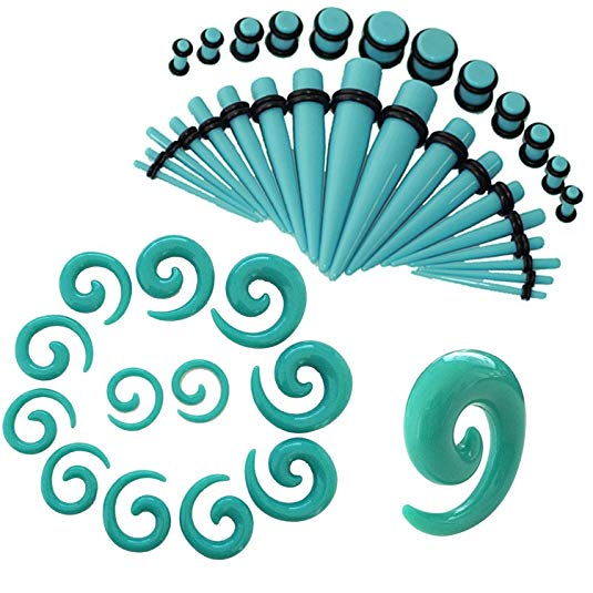 CrazyPiercing Turquoise Spiral and Straight Taper Stretching Guages Kit with Turquoise Acrylic Plug Kit 54 Pieces (54 pcs)