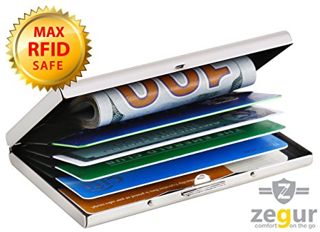 Zegur (TM) Stainless Steel Credit Card Holder Case with RFID Blocking Technology - Protection for Bank Debit ID Cards against RFID Scanning for Men & Women - Slim Metal 7 Slots UP to 8 Cards