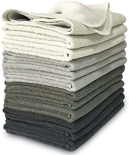 VibraWipe Microfiber Cloths | Cleaning Cloths | Dust Cloths | Kitchen Dish Cloths | Car Detailing Cloths | 4 Shades of Gray, 12 Pieces | 14.2 in x 14.2 in | Highly Absorbent | Lint and Streak Free