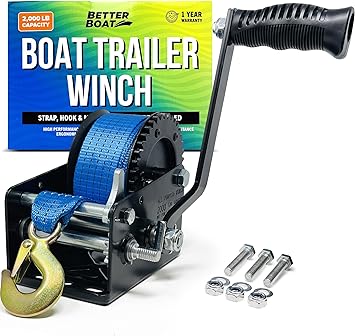 Boat Trailer Winch with Boat Winch Strap with Hook Manual Hand Winch Strap Heavy Duty Trailer Winches Hand Crank for Pulling Boat Parts for Trailers Car or Truck Towing One Speed Ratchet Gear