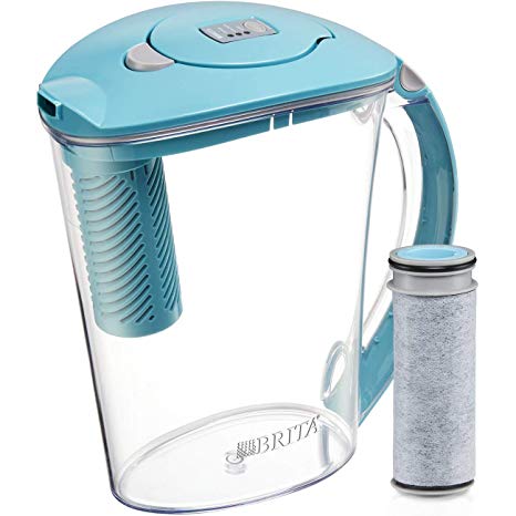 Brita 10 Cup Stream Filter as You Pour Water Pitcher with 1 Filter, Rapids, BPA Free, Lake Blue