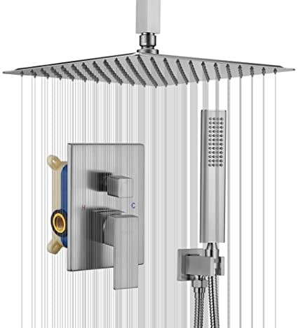 Shower System Brushed Nickel, TIPOK 12 Inch All Metal Rainfall Shower Faucet Sets Complete with Brass Rough Valve Rain ShowerHead with Handheld Combo Kits Set