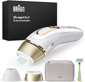 Braun Silk·expert Pro 5, épilateur à lumière pulsée, épilation semi-définitive à la maison, avec pochette, Tête de précision et Rasoir Venus, alternative à l’épilation au laser, Blanc/Doré, PL5152