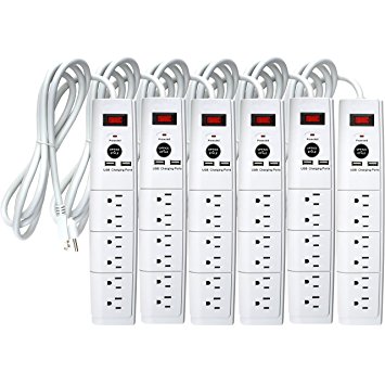 Office   Style - Bluetech 6 Outlet Surge Protector with Dual USB Ports and 6 Ft Cord, White, 900 Joules (6 Pack)