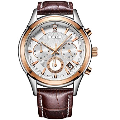 BUREI Men's Rose Gold Chronograph Wrist Watches with White Dial Brown Leather Strap