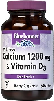 Bluebonnet Nutrition Milk-Free Calcium 1,200 mg Plus Vitamin D3 400 IU - High Potency, Maximum Absorption Strong Healthy Bones & Immune Health Support Supplement, Gluten-Free, Dairy-Free, 60 Softgels