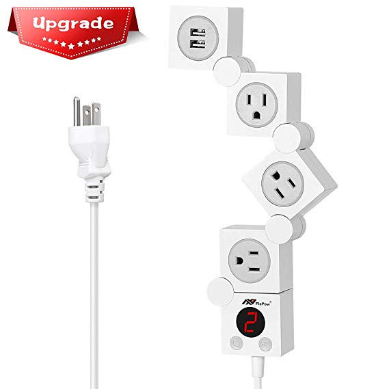 Power Strip Surge Protector with Timer - Patent Designed 3 Outlets Rotatable Power Socket with Dual USB Charge Ports(5V/2.1A) 1200W/10A FCC Certified 5ft Cord, White