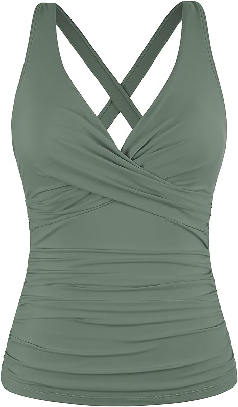 Firpearl Women Underwire Tankini Top Only Twist V Neck Swimsuits for Big Busted Ruched Tummy Control Bathing Suits Top