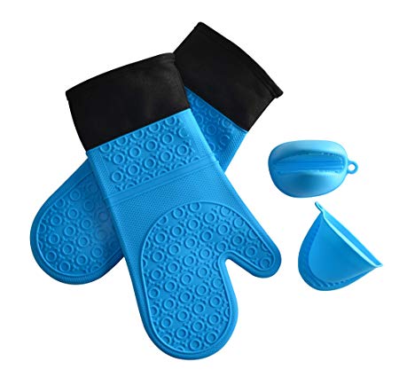 Silicone Oven Mitts, Heat Resistant to 446℉, 1 Pair of Long Non-Slip Waterproof Pot Holder & Baking Gloves with 1 Pair of Mini Cooking Pinch Grips, Perfect for BBQ, Cooking and Kitchen, BPA Free Blue