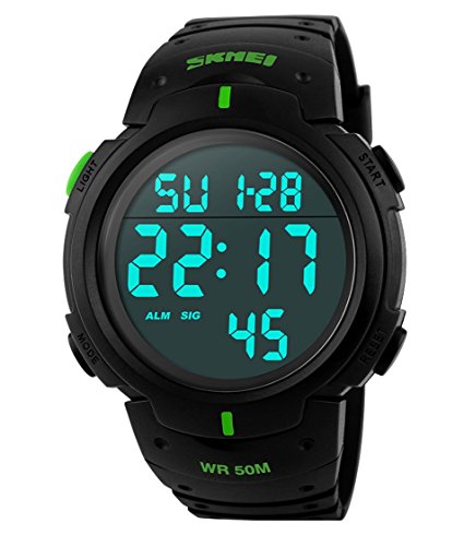 Men's Sports Watch Military 50M Waterproof Digital LED Large Face Wrist Watch with Green Silicone Strap Army Watch