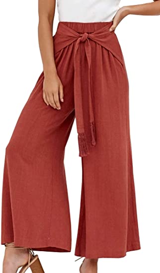 ECOWISH Womens Cotton Soft Palazzo Wide Leg Pant with Pockets High Waist Casual Loose Flowy Pants with Belt