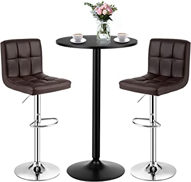 COSTWAY 3-Piece Bar Table Set, Round Cocktail Table and PU Leather Adjustable Swivel Chairs, Modern Counter Height Table Set with 2 Bar Stool for Kitchen, Office (Brown)