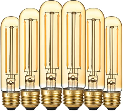 LiteHistory Dimmable T10 LED Bulb 4W Equal E26 Edison Bulb 40 Watt AC120V Tubular Light Bulb Warm White 2200K Amber 250lm E26 LED Bulb for Rustic Pendant,Chandeliers,Wall scones E26 Light Bulbs 6Pack