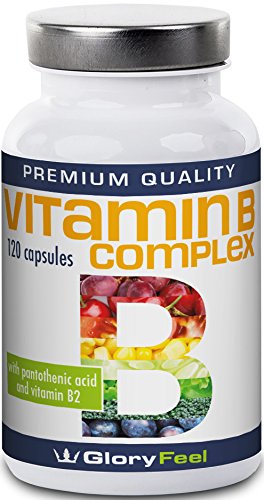Vitamin B Complex - 120 High Strength Vegan Capsules with Vitamins B1, B2, B6, B12   Pantothenic and Folic Acid - No Magnesium Stearate - Natural and Pure B Vitamin Complex by GloryFeel