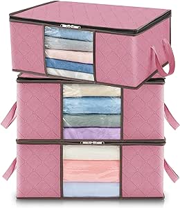 Lifewit Clothes Storage Bag Foldable Storage Bin Closet Organizer with Reinforced Handle Sturdy Fabric Clear Window for Sweaters, Coats, T-shirts, Blankets, 3 Pack, Pink