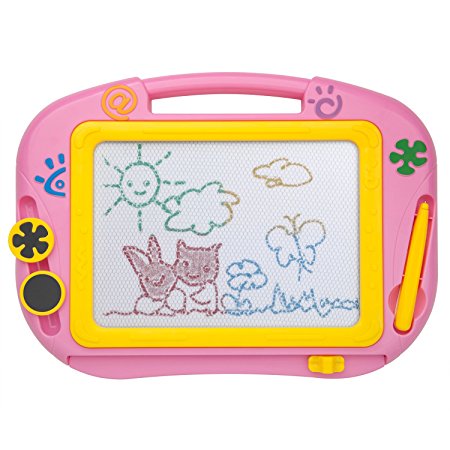 iKidsislands IKS88P [Travel Size] Small Colorful Magnetic Drawing Board for Kids/ Mini Color Magna Doodle for Toddlers/ Erasable Imaginarium Educational Toys for Babies, Girls with Pen, Stamps (Pink)