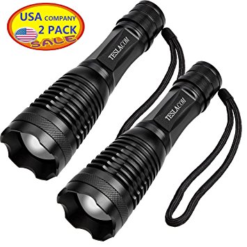 18650 LED Flashlight 2 Pack Super Bright 1000 Lumens Outdoor Indoor High Power Cree T6 Zoomable Tactical Torch Military Grade Adjustable Focus 5 Light Modes Water Resistant by TESLACOM