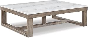 Signature Design by Ashley Loyaska Casual Cocktail Table with Natural Marble Top, White & Light Gray