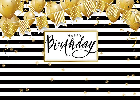 AIIKES 7x5FT Birthday Backdrop happy Birthday Newborn Baby Shower Photography Backdrops Golden Balloon Black White Striped Backgrounds Party Decorations Photo Booth Studio Props 11-552