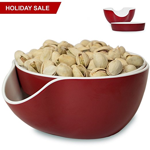 Wowly Pistachio Bowl - Double Dish Nut Bowl with Pistachios Shell Storage - Red