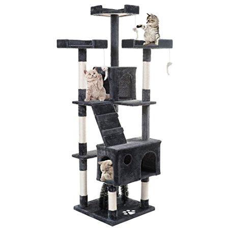 PURLOVE® 175cm 3 Platform Cat Tree with Scratching Post Pet Cat Arch Scratcher Activity Tree Cat Climbing Play Tower Tree (Grey)