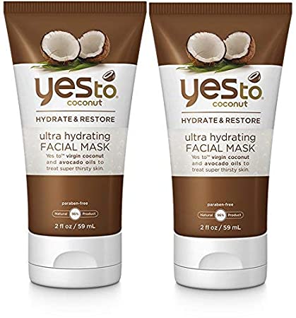 Yes to Coconut Ultra Hydrating Facial Mask (Pack of 2) with Aloe Leaf Juice, Coconut Oil, and Avocado Oil, 2 fl. oz.
