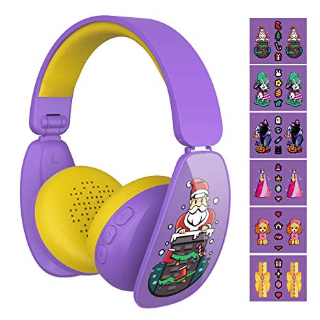 Mindkoo Wireless Bluetooth Kids Headphones - Cute Child Headphones with 6 DIY Cartoon Stickers, 3 Levels Safe Volume Limited, Built-in Mic, Wireless/Wired Mode for iPhone/iPad/Cellphones/PC