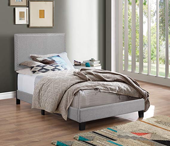 Crown Mark Upholstered Panel Bed in Gray, with Nailhead, Twin