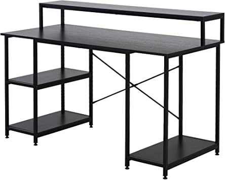 HOMCOM Mesa para Computadora Escritorio de Oficina Estudio con 3 Estantes Tabla Superior Patas con Almohadillas Ajustables Antideslizantes Marco Metálico 140x60x93 cm Negro