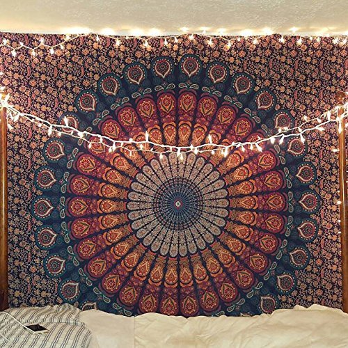 Indian hippie Bohemian Psychedelic Peacock Mandala Wall hanging Floral Gold Bedding Tapestry (Queen(84x90Inches)(215x230Cms), Golden Blue)