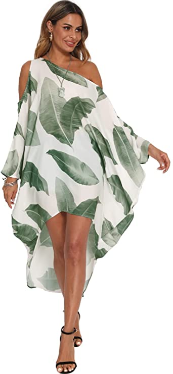 BB&KK Women's Summer Maxi Long Cold Shoulder Loose Kaftan Flowy Batwing Beach Cover Up Dress