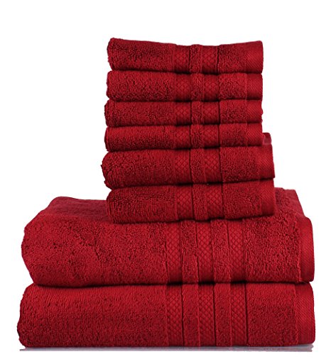 Feather Touch 8 Piece Towel Set (Cassis); 2 Bath Towels, 2 Hand Towels and 4 Wash Towels - Cotton - Machine Washable, Hotel Quality, Super Soft and Highly Absorbent