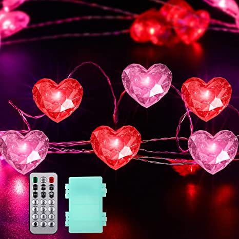 Heart String Light 13 ft 50 LEDs Valentine's Day Decorative Light String Wedding Decoration Battery Powered with 12 Modes, Remote and Timer for Wedding Anniversary Birthday (Red, Pink)