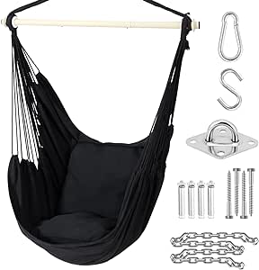 Hanging Chair Swing Chair with Hardwares, Ohuhu XL Portable Cotton Hammock Chair with Cushions Installation Kit Detachable Metal Support Bar Side Pocket for Indoor Patio