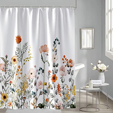 Floral Shower Curtain, Vintage Flower Leaf Plant Shower Curtains for Bathroom, Fabric Retro Aesthetic Shower Curtains Botanical Leaves Flower Branch Blossom Shower Curtain, with 12 Hooks, 72" X 72"