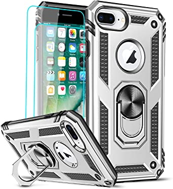 LeYi Compatible for iPhone 8 Plus Case, iPhone 7 Plus Case, iPhone 6 Plus Case with [2Pack] Tempered Glass Screen Protector, Military-Grade Phone Case with Ring Kickstand for iPhone 6s Plus, Silver