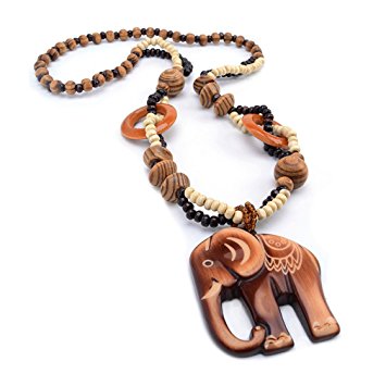 Dolland Bohemian National Wind Retro Wood Chain Ornaments Wooden Elephant Pendant