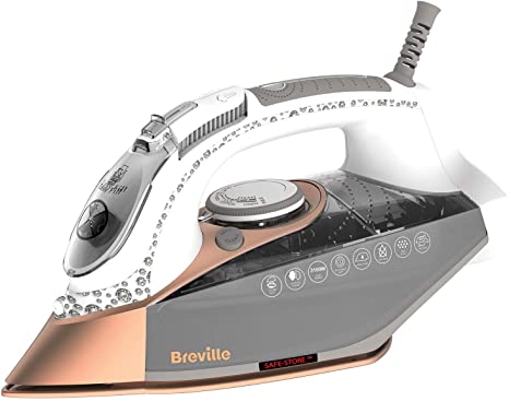 Breville VIN401 DiamondXpress Steam Iron, 3100 W, 200G Steam Shot, Multi-Directional Diamond Ceramic Soleplate, 400 ml Water Tank, White & Rose Gold (Will not Work in USA or Canada)