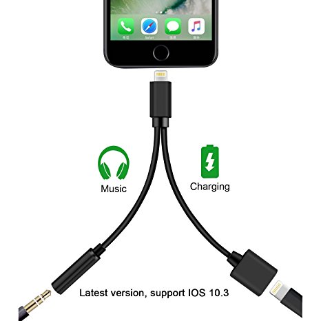 Lightning Cable, Cell Connectors 2 in 1 Lightning Adapter, iPhone 7 Lightning to 3.5mm Headphone Adapter,Charge Adapter, Earphone Adapter - Upgraded for IOS 10.3  (BLACK)