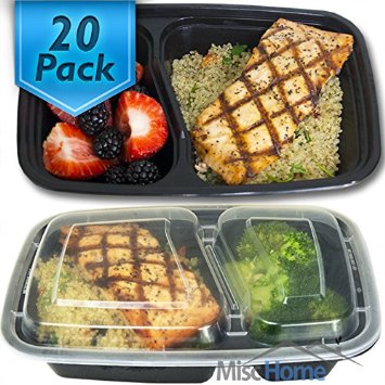 20 Pack 2 Compartment Meal Prep Containers Durable BPA Free Plastic Reusable Food Storage Container Microwave and Dishwasher Safe w Airtight Lid For Portion Control and Bento Box Lunch Box Food Prep