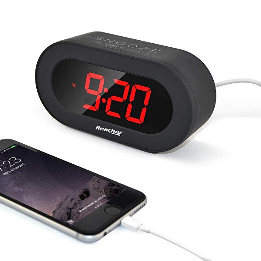 REACHER Easy Snooze and Time Setting Digital Alarm Clock, Charging Station Phone Charger with USB Port, Battery Backup for Android Phone iPhone Tablet ipad (Black)