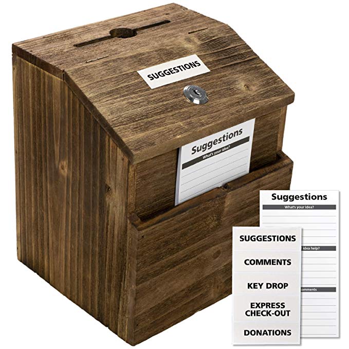 Rustic Suggestion Box with Lock: Wooden Ballot Comment Box, Wall Mounted or Freestanding. Includes Printed Labels & Suggestion Pads Cards
