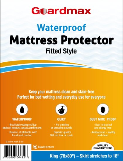 Guardmax - Waterproof Mattress Protector Cover- Fitted Style - Quiet - King Size 78x80 - Skirt Stretches to 18