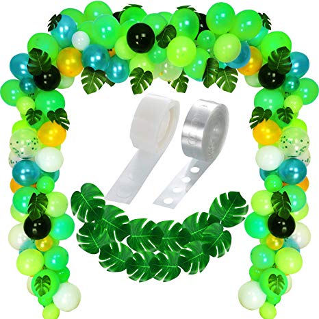 120 Pieces Jungle Theme Party Balloons Decorative Green Balloons Confetti Balloons and 20 Pieces Tropical Palm Leaves with Balloon Arch Garland Decorating Strip Kit for Tropical Jungle Animal Parties