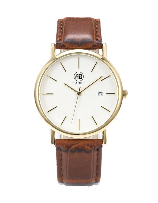 AIBI Men`s Gold-tone White Dial Brown Leather Strap Dress Watch with Auto Date Function