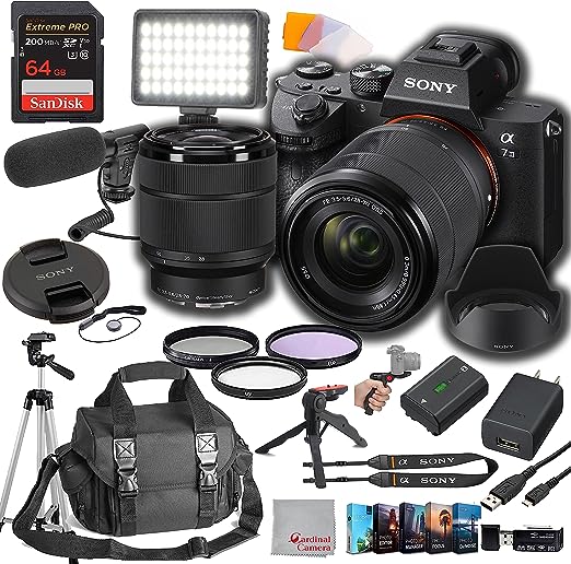 Sony a7 III Mirrorless Digital Camera 24MP w/ 28-70mmmm Lens, 64GB Extreem Speed Memory,Video Microphone, LED Video Light, Case. Tripod, Filters, & Video & Photo Editing Software Kit