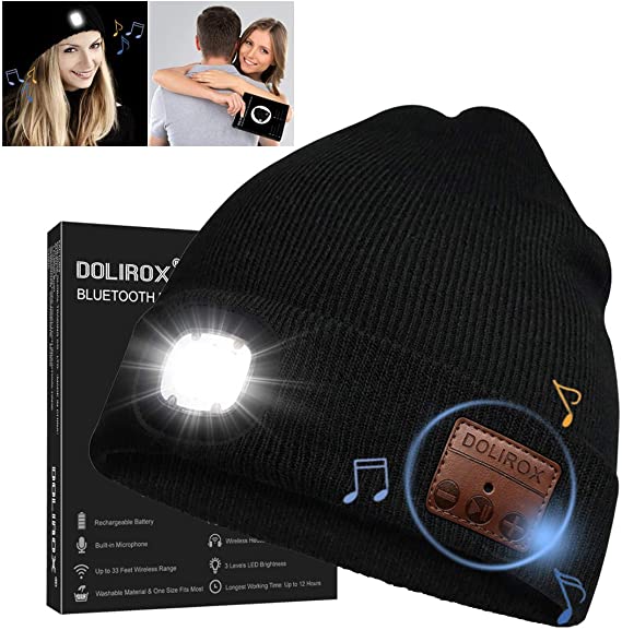 Bluetooth Beanie Hat LED Beanie Hat, Unisex Wireless Headphone Beanie Knitted Lighted Beanie Hat Cap Unique Tech Gifts for Men Him Dads Women Boys and Girls